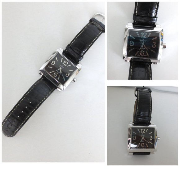 NEW PEUGEOT MEN'S SQUARE BLACK PLATED WATCH - Picture 1 of 9